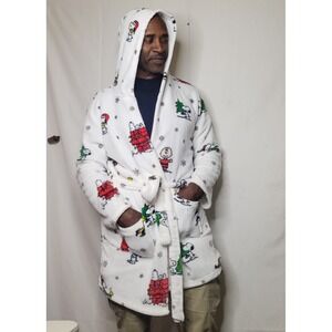 Peanuts Snoopy Christmas Hooded Robe‎ White Fleece Holiday L XL RN102877